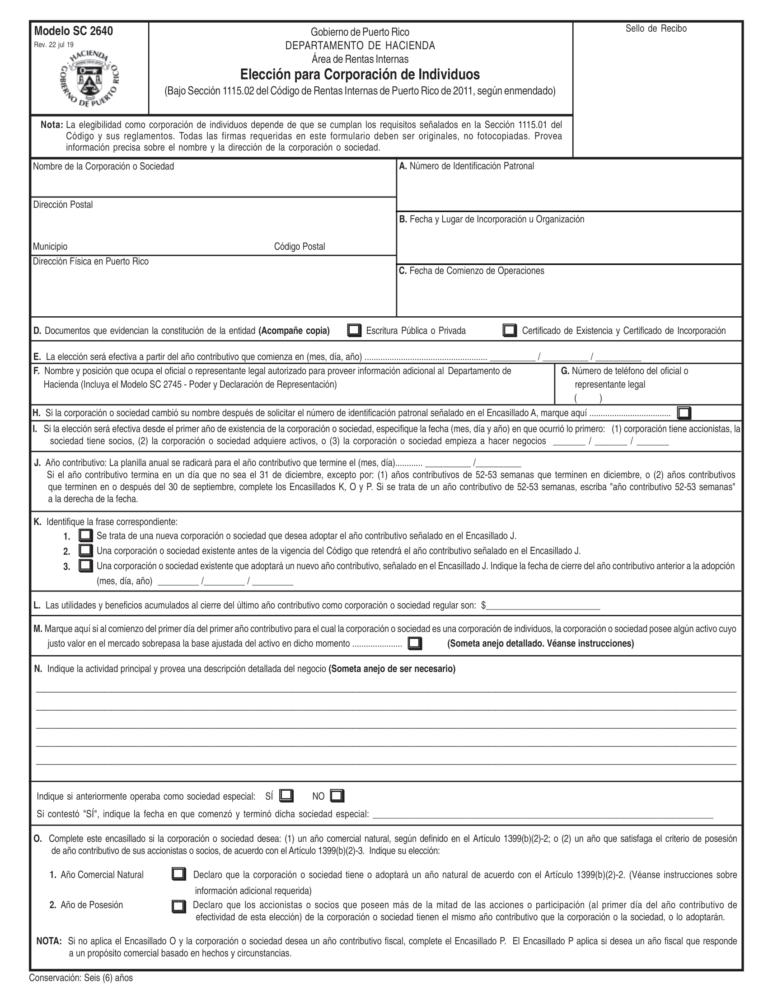 Modelo Sc 2640 Elección Para Corporación De Individuos Tax Al Día 3251